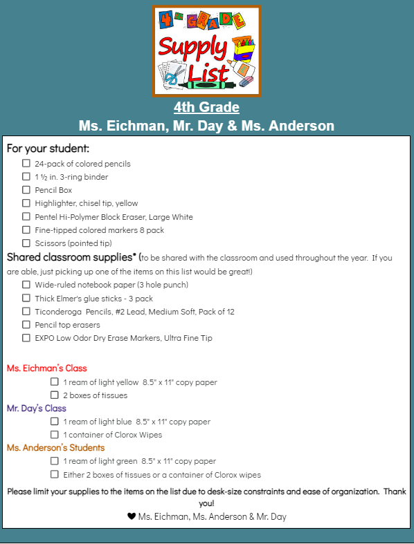 4th grade supply list
